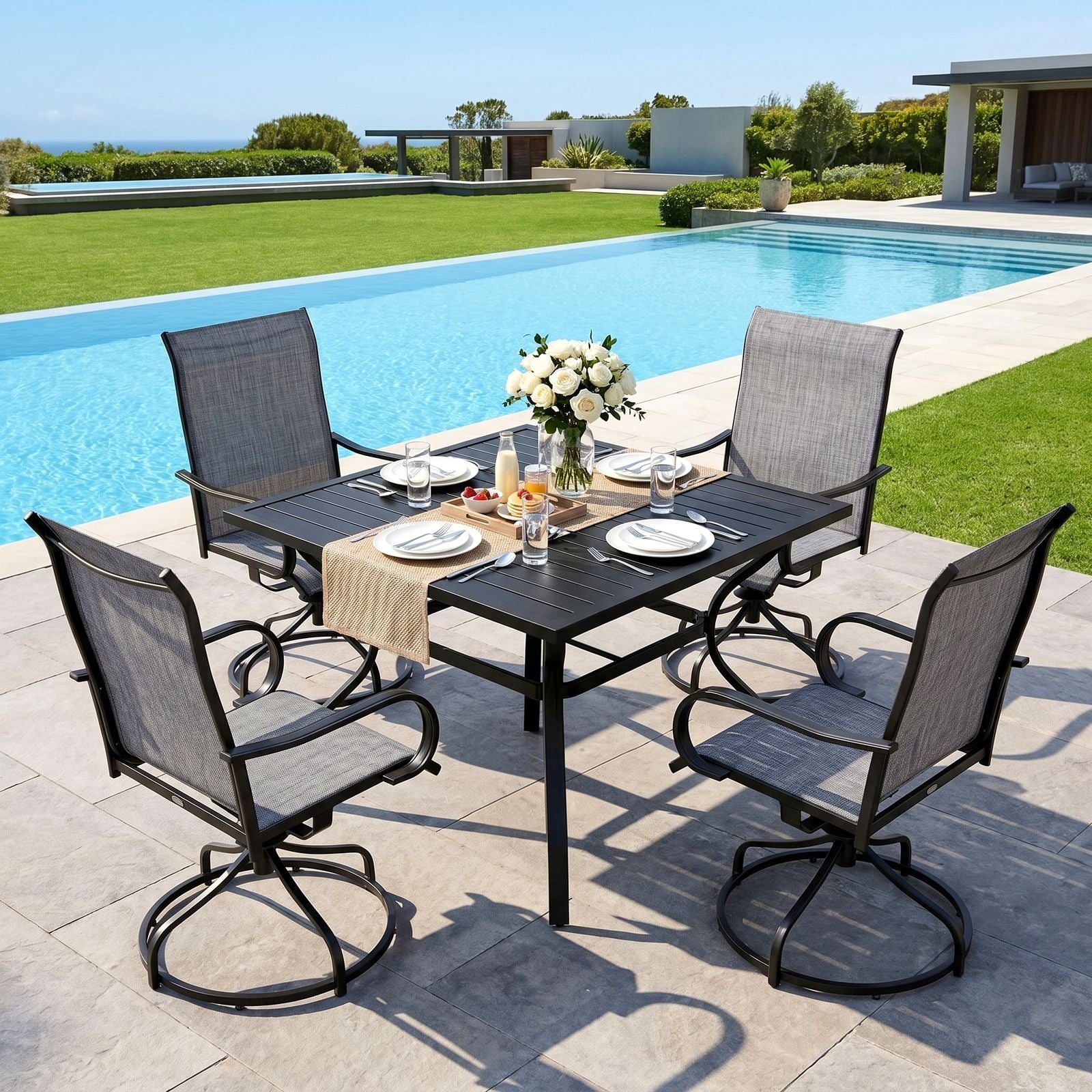 4 piece metal and glass umbrella patio set TLSUNNY Outdoor Dining Set, Patio Metal Table and Swivel Chairs Set, W