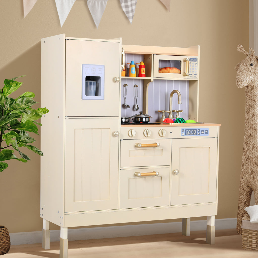 TLSUNNY Kids Play Kitchen, Wooden Kitchen Playset w/ Realistic Light & Sound and Cooking Accessories
