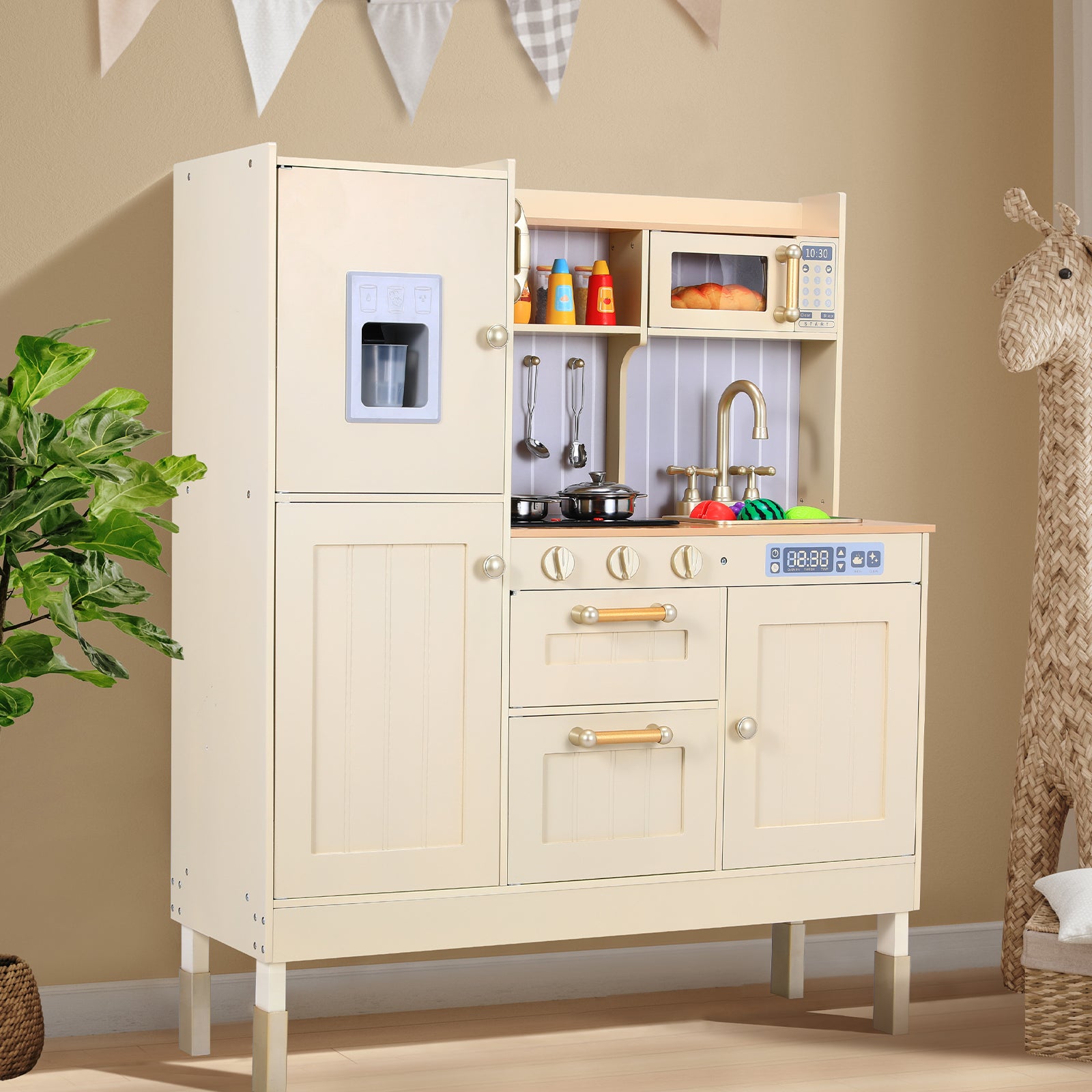 TLSUNNY Kids Play Kitchen, Wooden Kitchen Playset w/ Realistic Light & Sound and Cooking Accessories