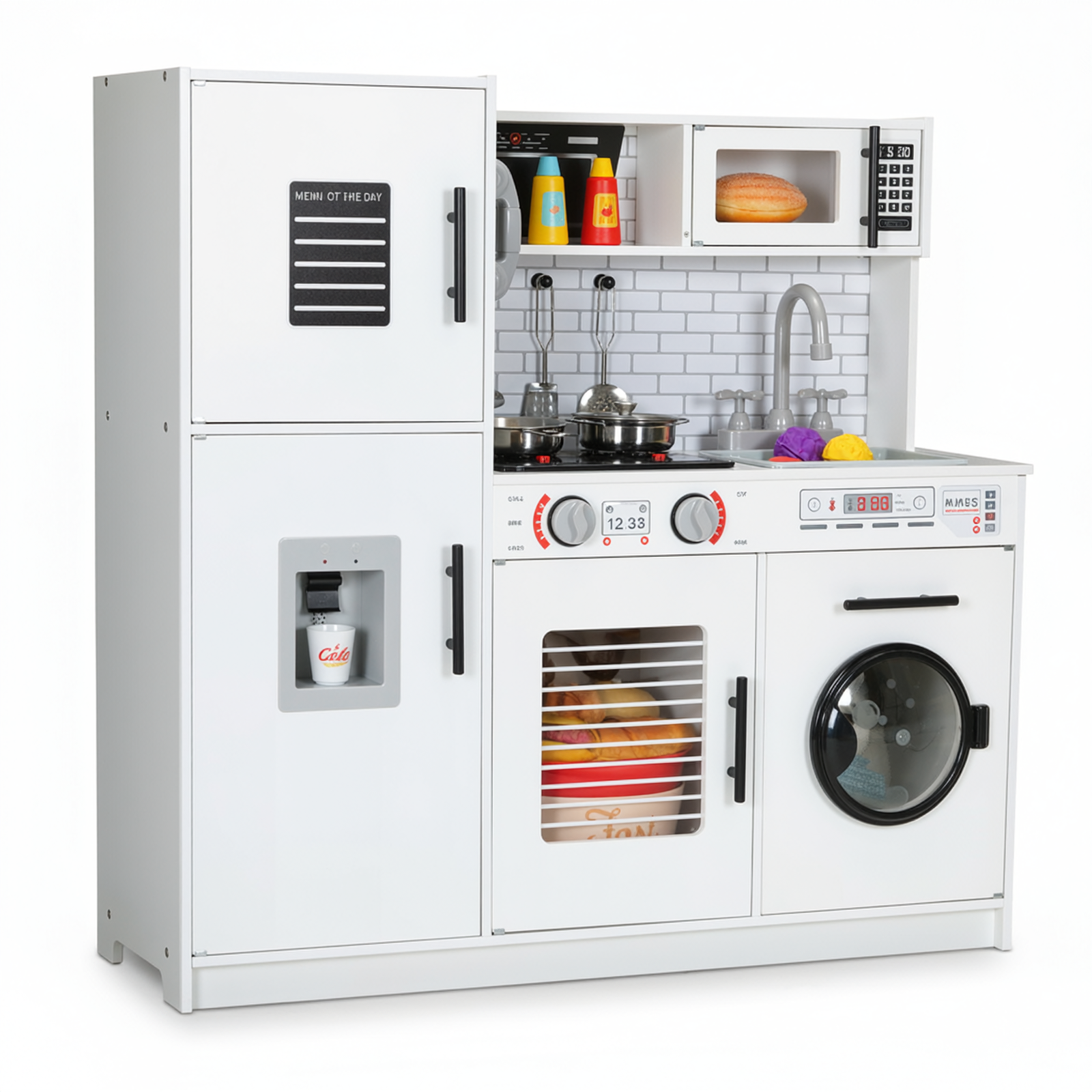 TLSUNNY Kids Play Kitchen, w/ Realistic Lights & Sounds, Washing Machine, Water Dispenser & Stove, Wooden Kitchen Playset for Toddlers Ages 3+