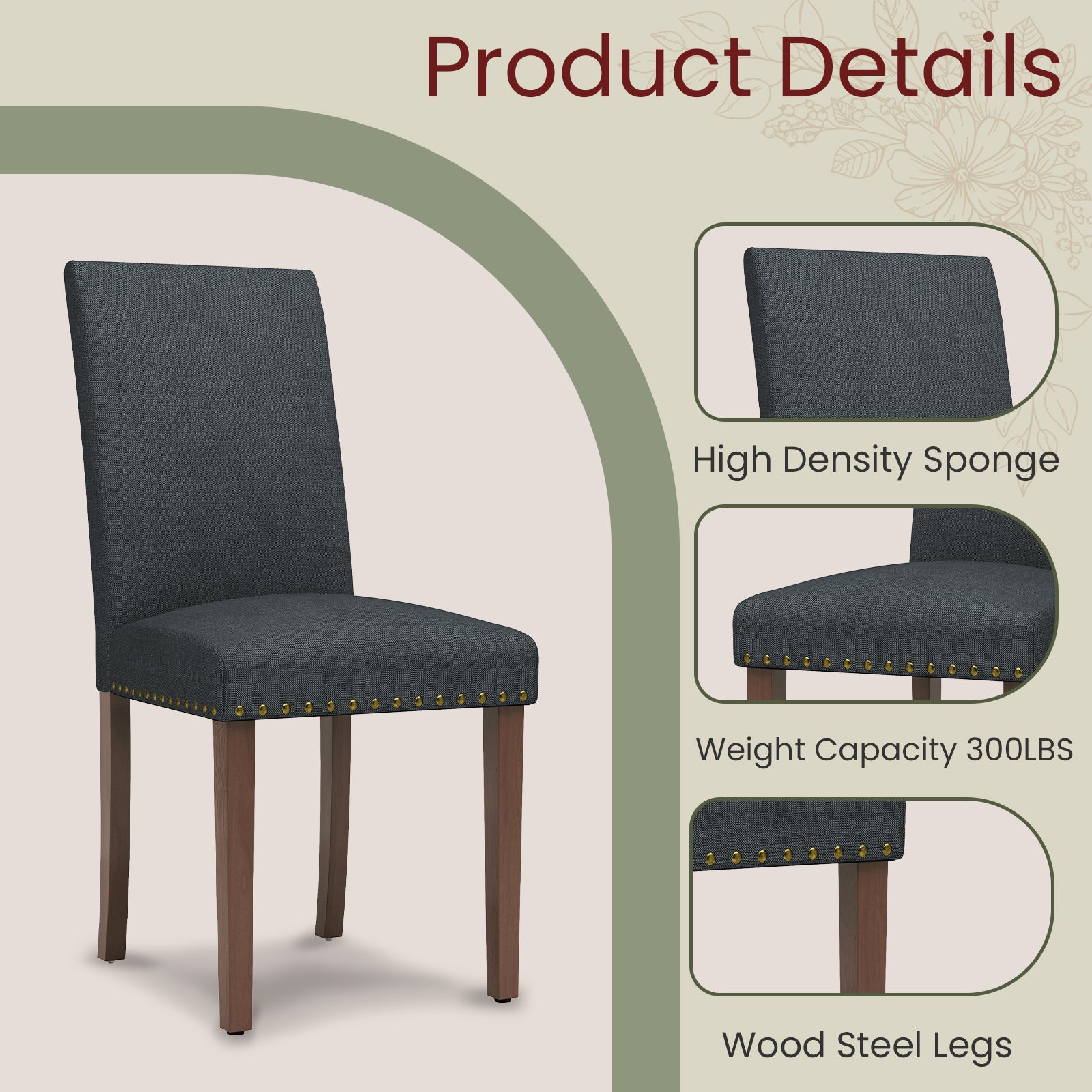 TLSUNNY Upholstered Dining Chairs Set of 2/4, Tufted Parsons Design with Nail Head Trim, Solid Wood Legs and Padded Seat, Comfortable Fabric for Dining Room, Kitchen