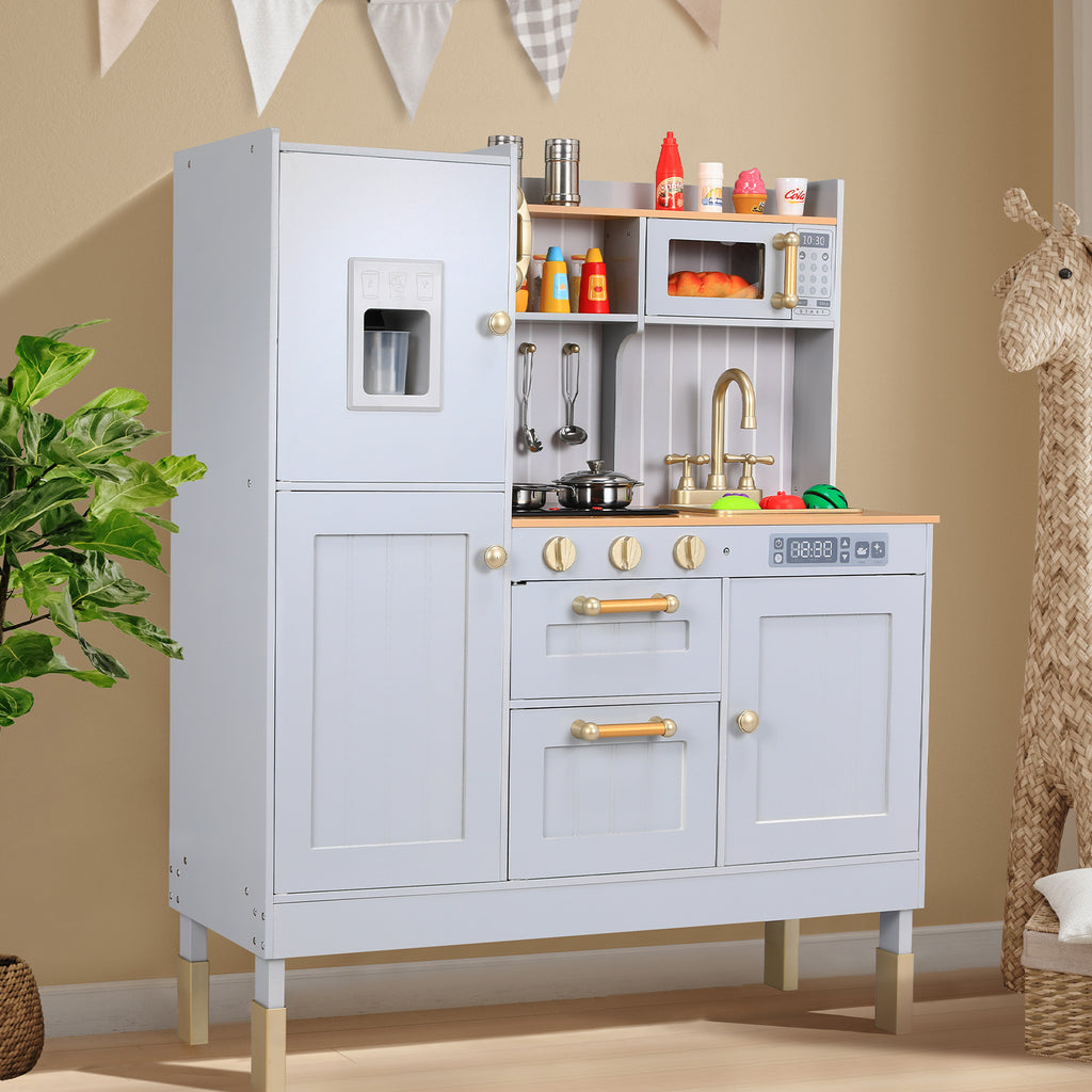 TLSUNNY Kids Play Kitchen, Wooden Kitchen Playset w/ Realistic Light & Sound and Cooking Accessories