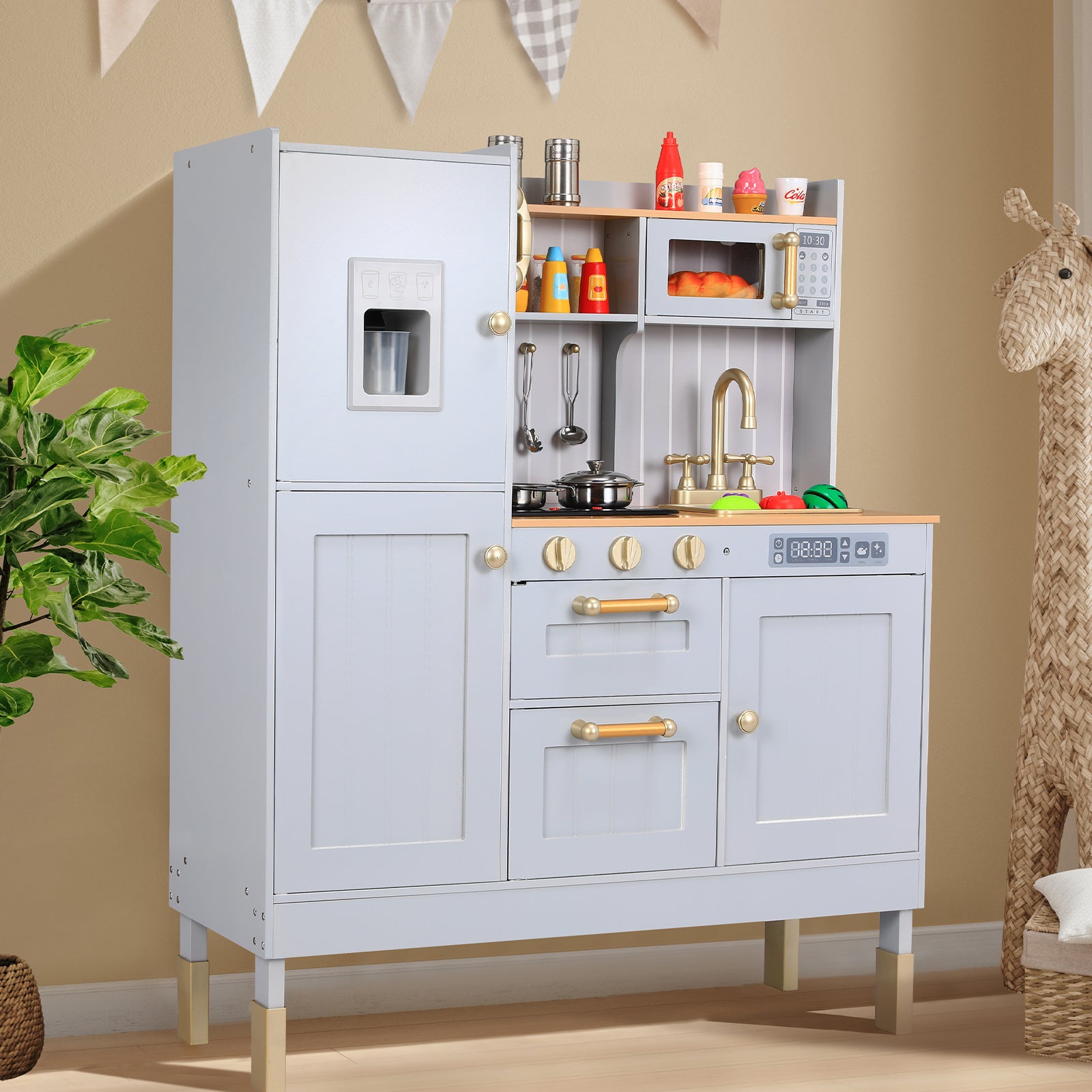 TLSUNNY Kids Play Kitchen, Wooden Kitchen Playset w/ Realistic Light & Sound and Cooking Accessories