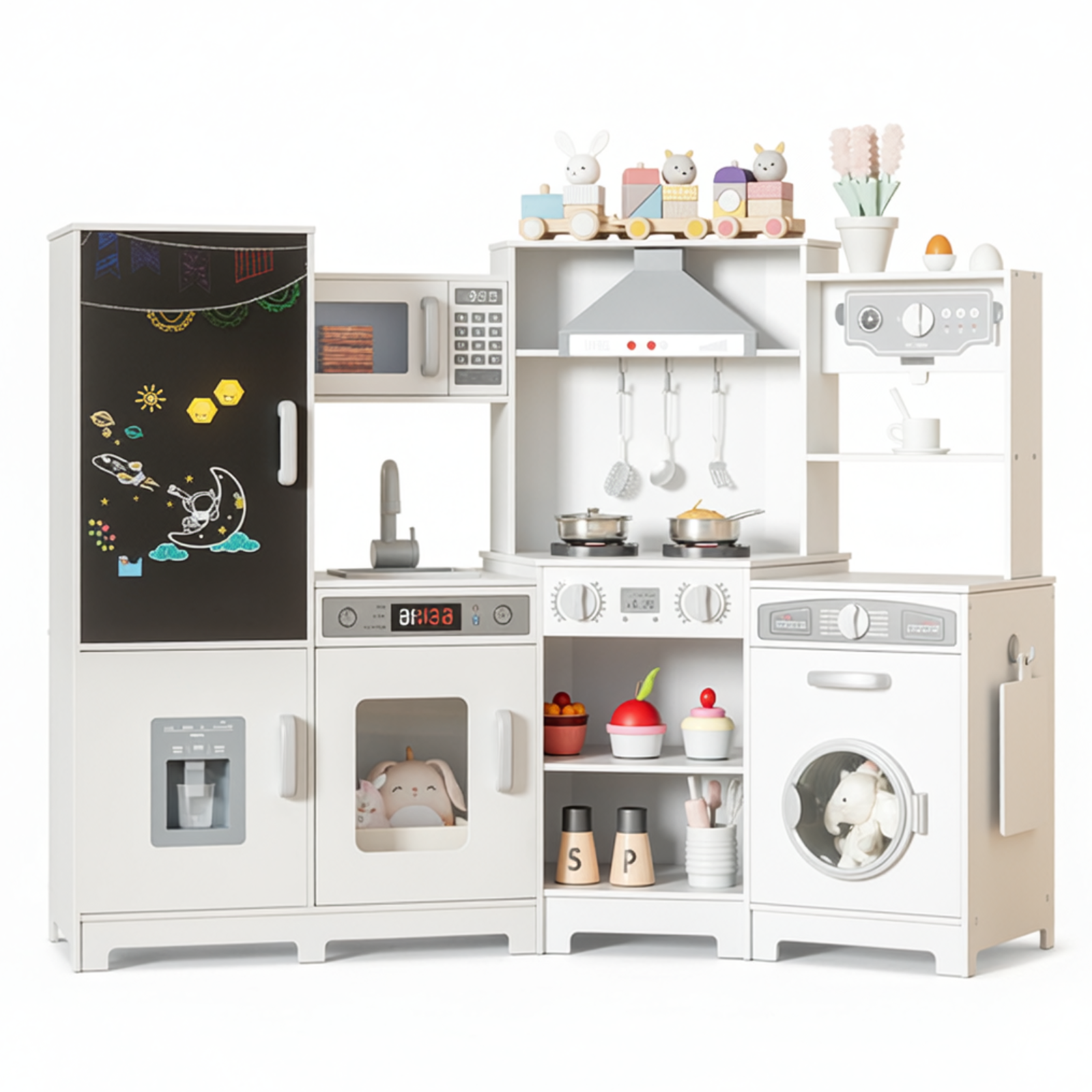 TLSUNNY Toddler Wooden Play Kitchen, with Chalk Board, Washer Dryer, Stove Sound & Range Hood, Cookware for Kids Ages 3+