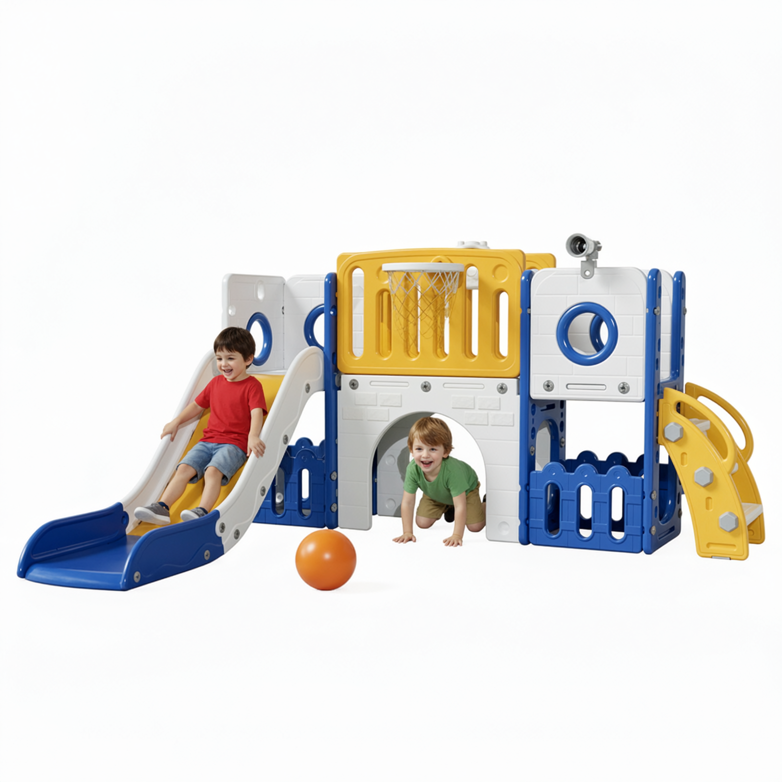 TLSUNNY 9-in-1 Kids Slide & Climber Set, with Basketball Hoop, Telescope & Tunnel, Indoor Outdoor Toddler Playset