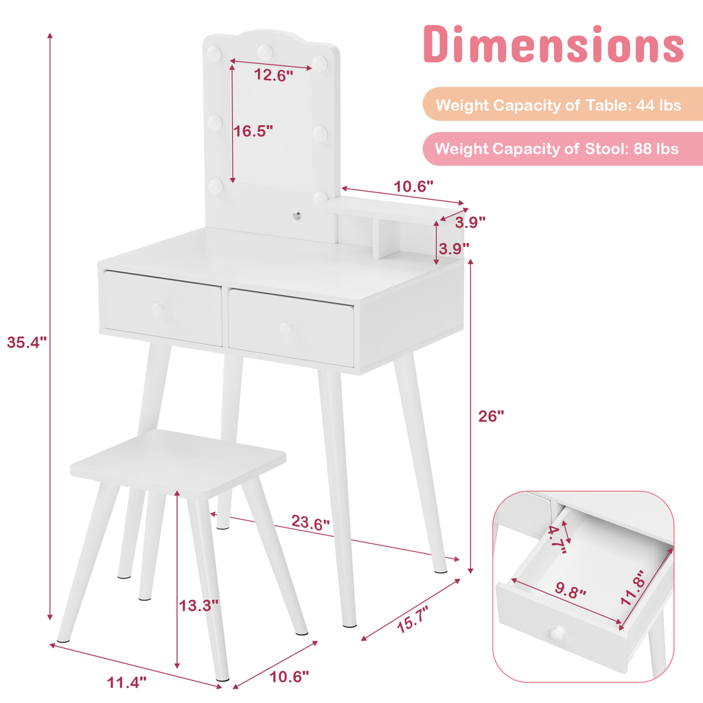 TLSUNNY Toddler Princess Vanity Set with Lights, Wooden Makeup Table and Chair with Mirror and 2 Storage Drawers, Gift for Little Girls