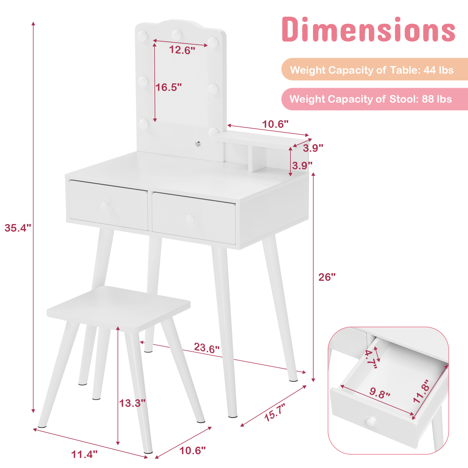TLSUNNY Toddler Princess Vanity Set with Lights, Wooden Makeup Table and Chair with Mirror and 2 Storage Drawers, Gift for Little Girls