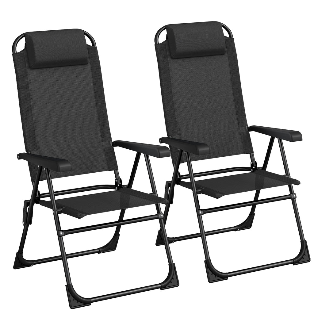 TLSUNNY Folding Patio Chairs Set of 2, Outdoor Portable Recliner W/ Adjustable Back, Removable Headrest, Armrest, Foot Pad, for Camping/Garden/Pool