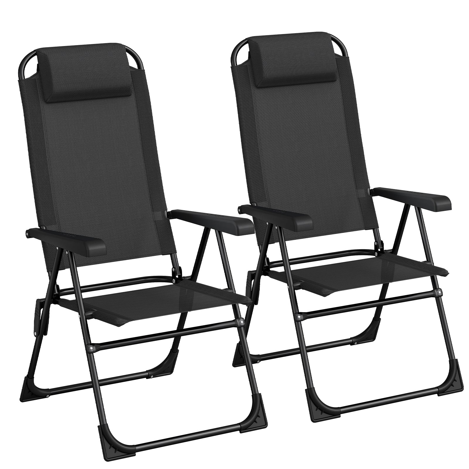 TLSUNNY Folding Patio Chairs Set of 2, Outdoor Portable Recliner W/ Adjustable Back, Removable Headrest, Armrest, Foot Pad, for Camping/Garden/Pool