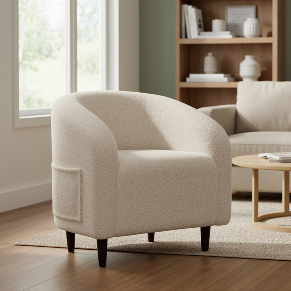 TLSUNNY Upholstered Club Chair Accent Barrel Chair, Teddy Fabric Upholstered Armchair with Side Pocket for Living Room/Bedroom