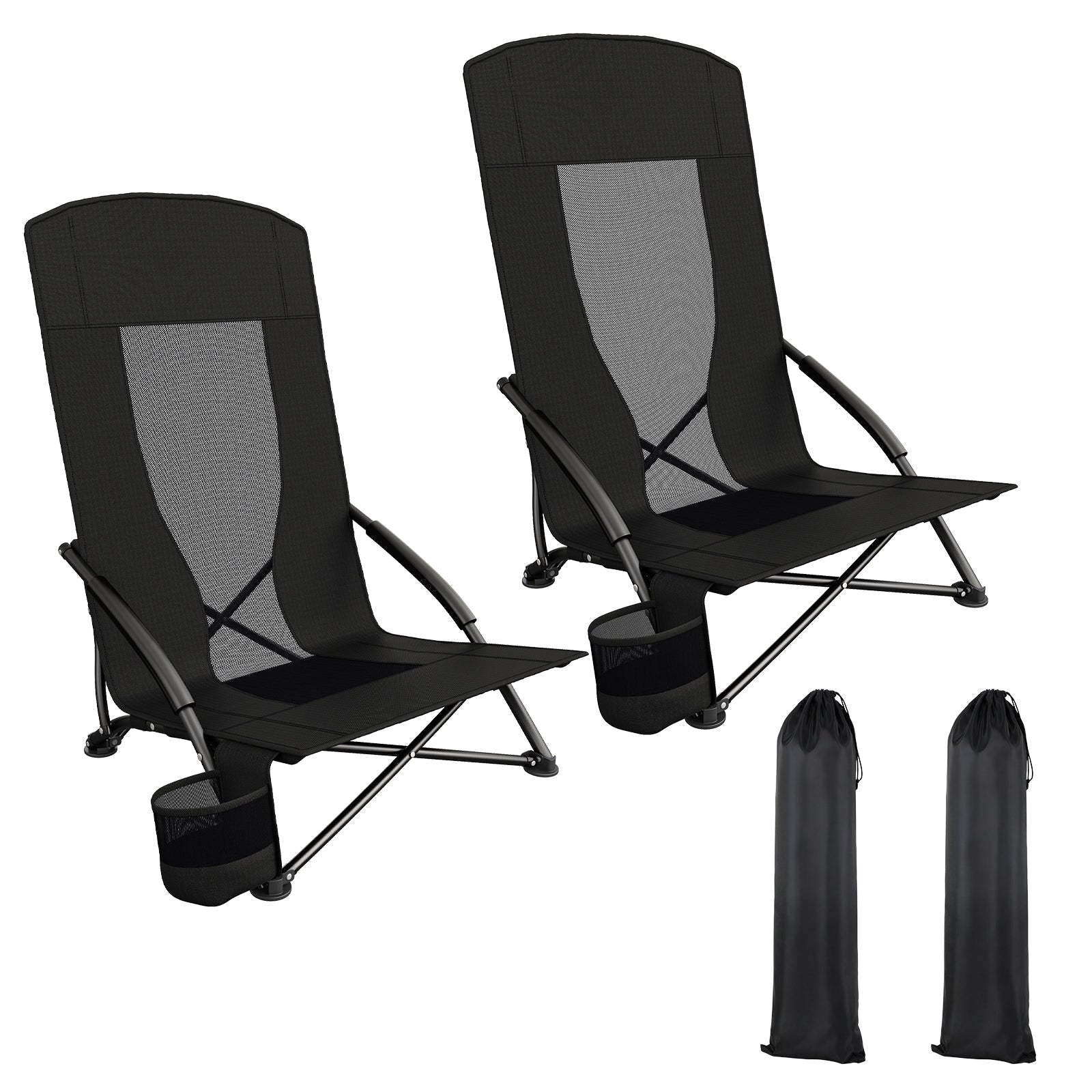 TLSUNNY Folding Backpack Beach Chair Set of 2 for Adults, Compact Lightweight Camping Chairs W/ Carry Bag Cup Holder, Outdoor Reclining Low-Profile Travel Chair, 350LBS