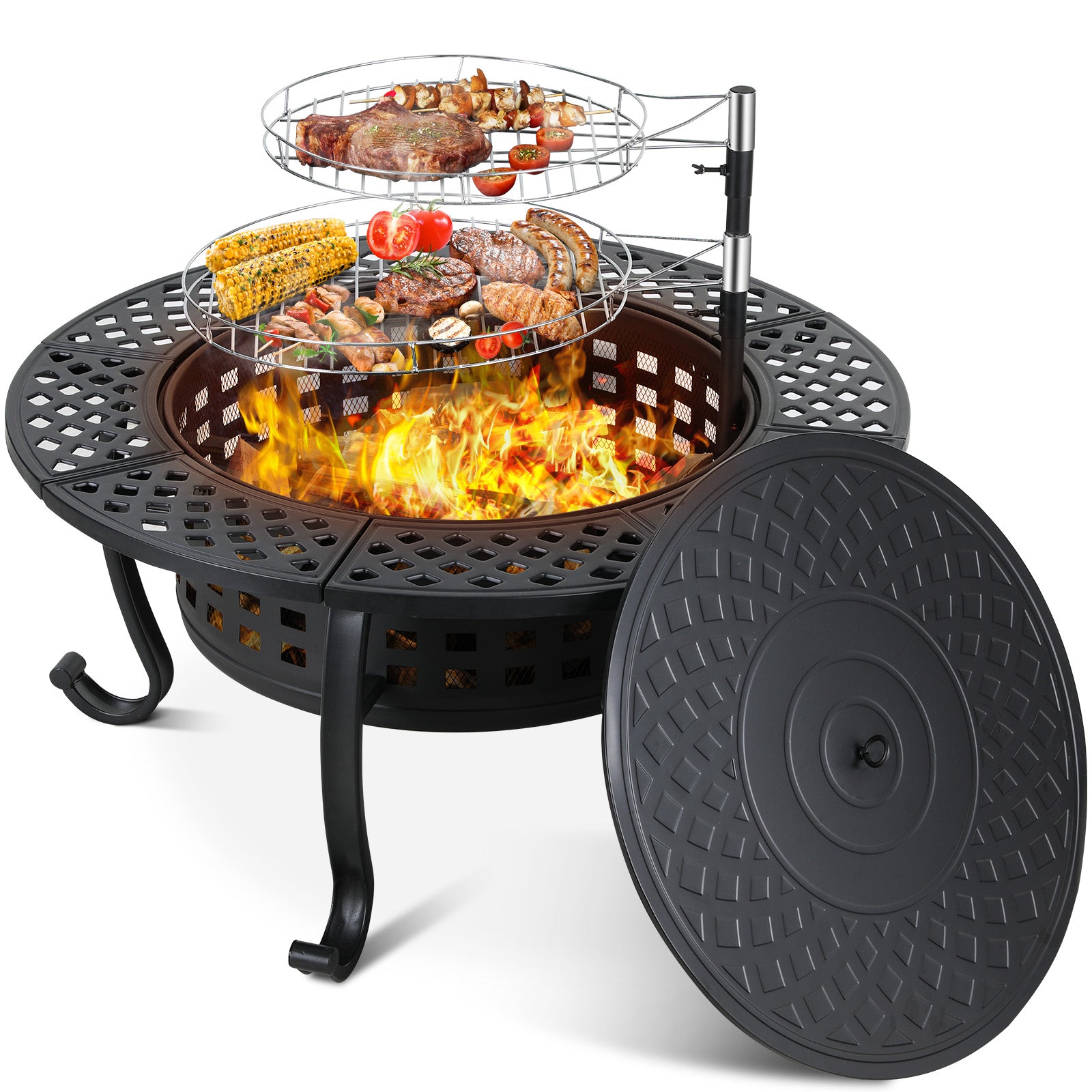 TLSUNNY 37" Outdoor Round Fire Pit & BBQ Grills, Wood Burning Fire Pit, w/ Swivel Cooking Grates, Lid and Fire Poker for Garden & Camping