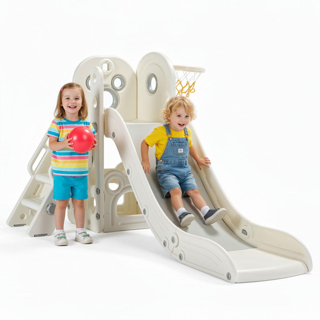 TLSUNNY Toddler Slide Playset, Stair Slides for Kids with Basketball Hoop, Non-Slip Steps & Storage Space, for Backyard, Nursey, Playgroud