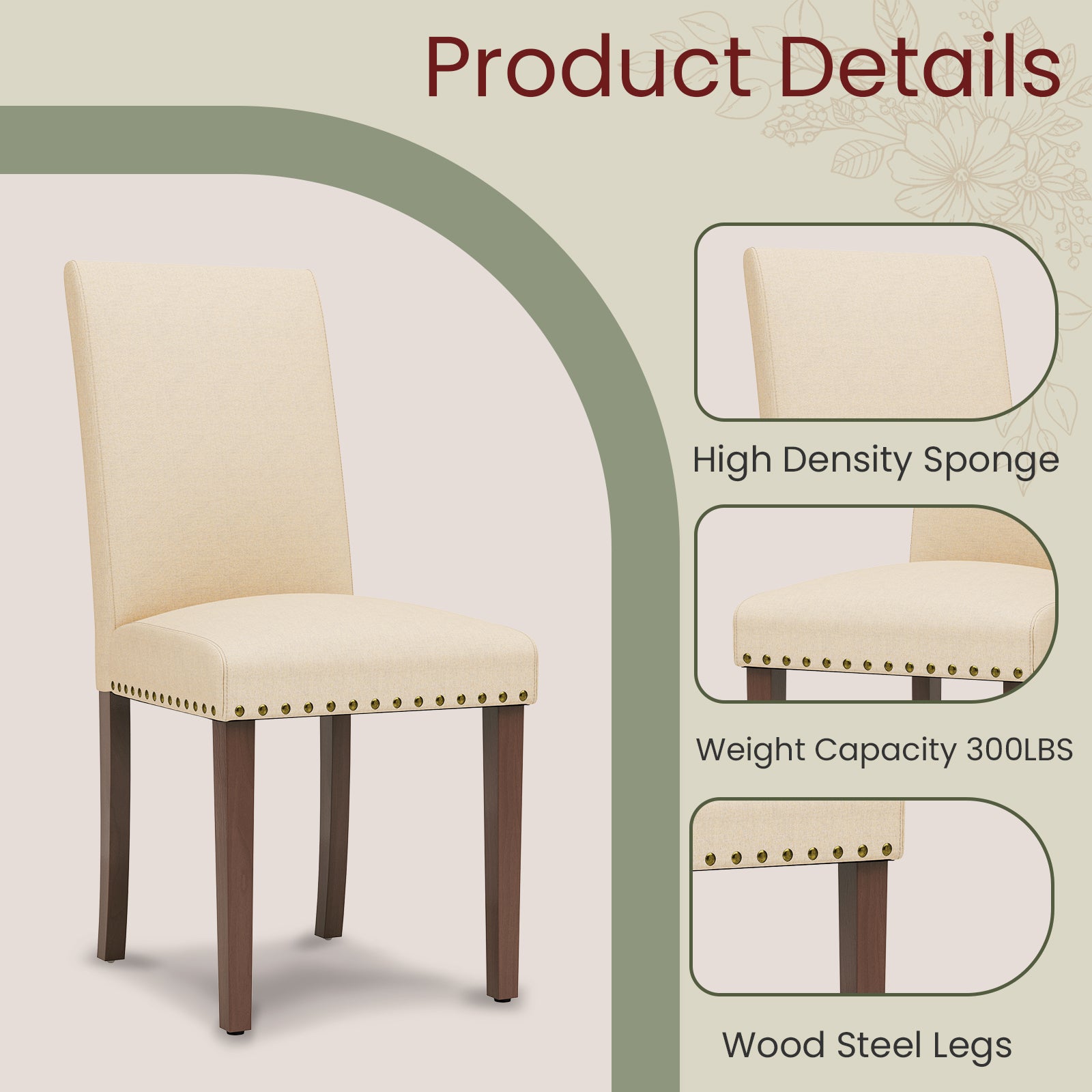 TLSUNNY Upholstered Dining Chairs Set of 2/4, Tufted Parsons Design with Nail Head Trim, Solid Wood Legs and Padded Seat, Comfortable Fabric for Dining Room, Kitchen