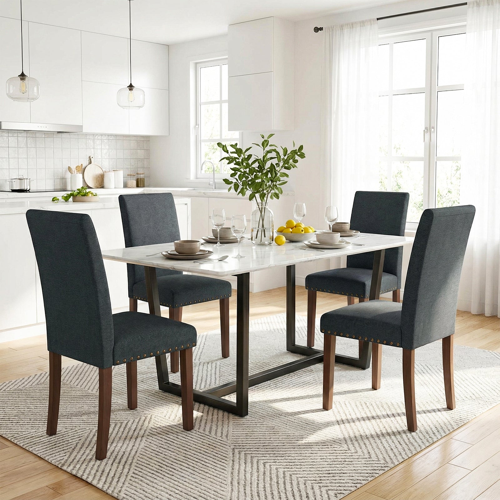 TLSUNNY Upholstered Dining Chairs Set of 2/4, Tufted Parsons Design with Nail Head Trim, Solid Wood Legs and Padded Seat, Comfortable Fabric for Dining Room, Kitchen