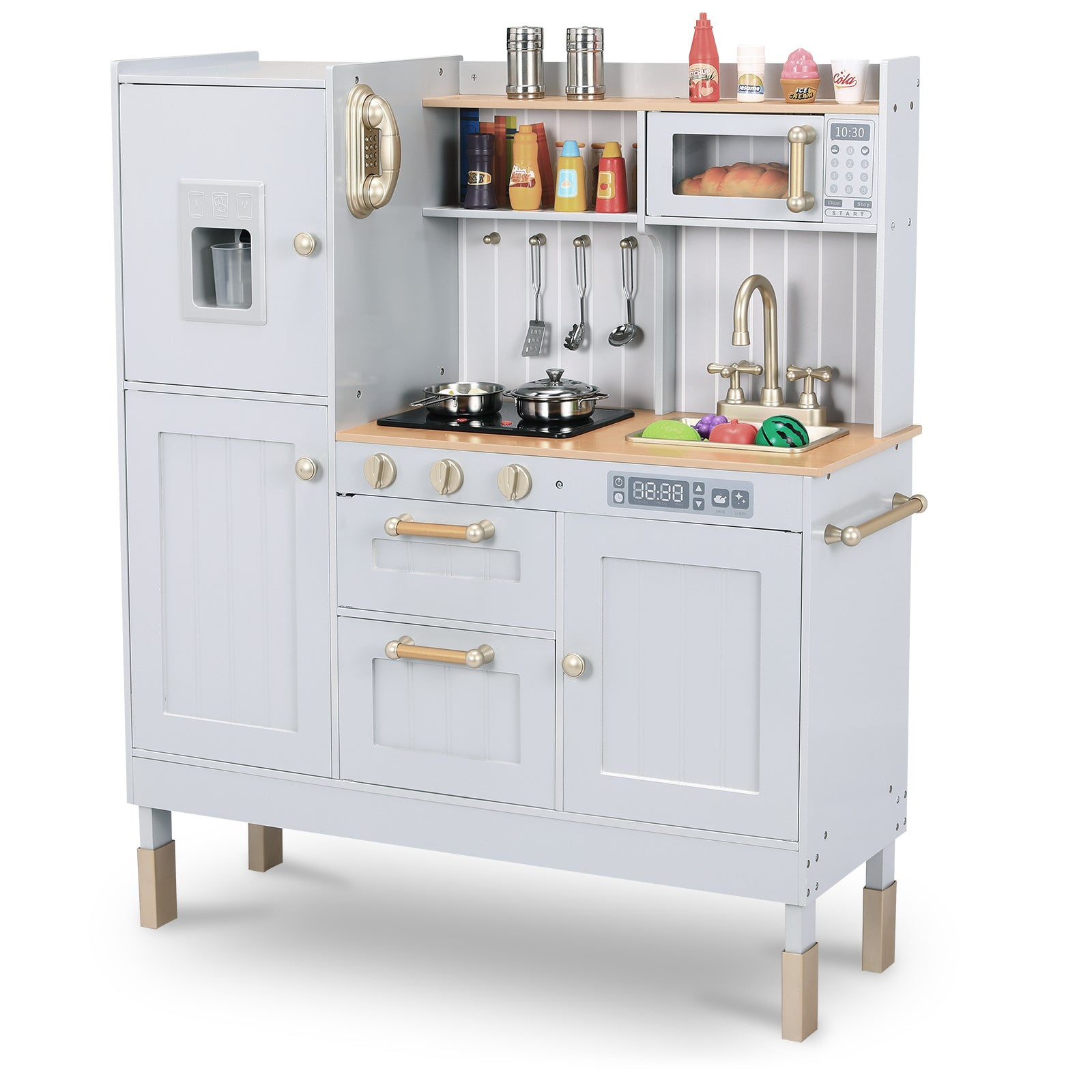 TLSUNNY Kids Play Kitchen, Wooden Kitchen Playset w/ Realistic Light & Sound and Cooking Accessories