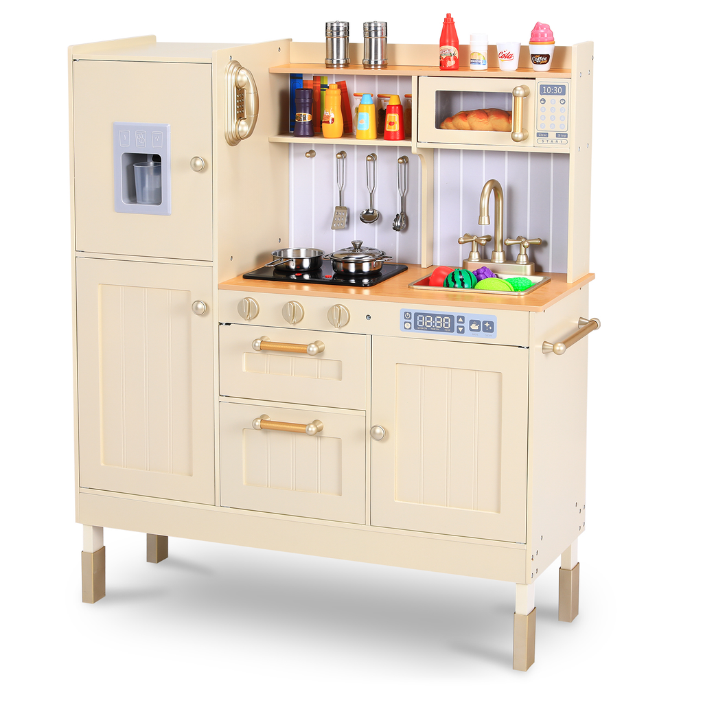 TLSUNNY Kids Play Kitchen, Wooden Kitchen Playset w/ Realistic Light & Sound and Cooking Accessories