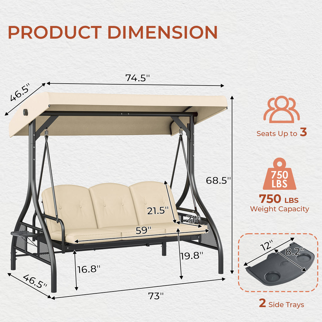TLSUNNY Canopy Swing Chair Set, 3-Seat Outdoor Swing Chair with Stand & Removable Seat Cushion, for Patio, Backyard, Balcony Relaxation, Supports 750LBS
