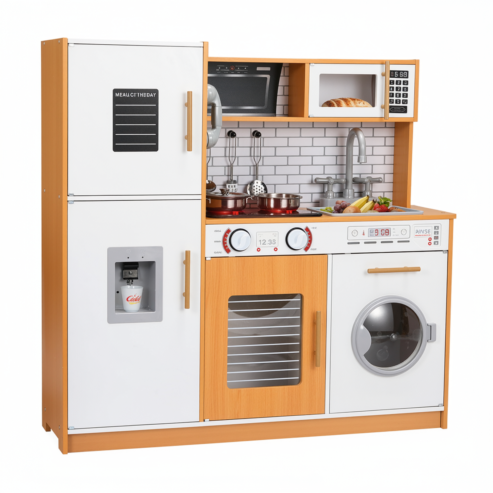 TLSUNNY Kids Play Kitchen, w/ Realistic Lights & Sounds, Washing Machine, Water Dispenser & Stove, Wooden Kitchen Playset for Toddlers Ages 3+