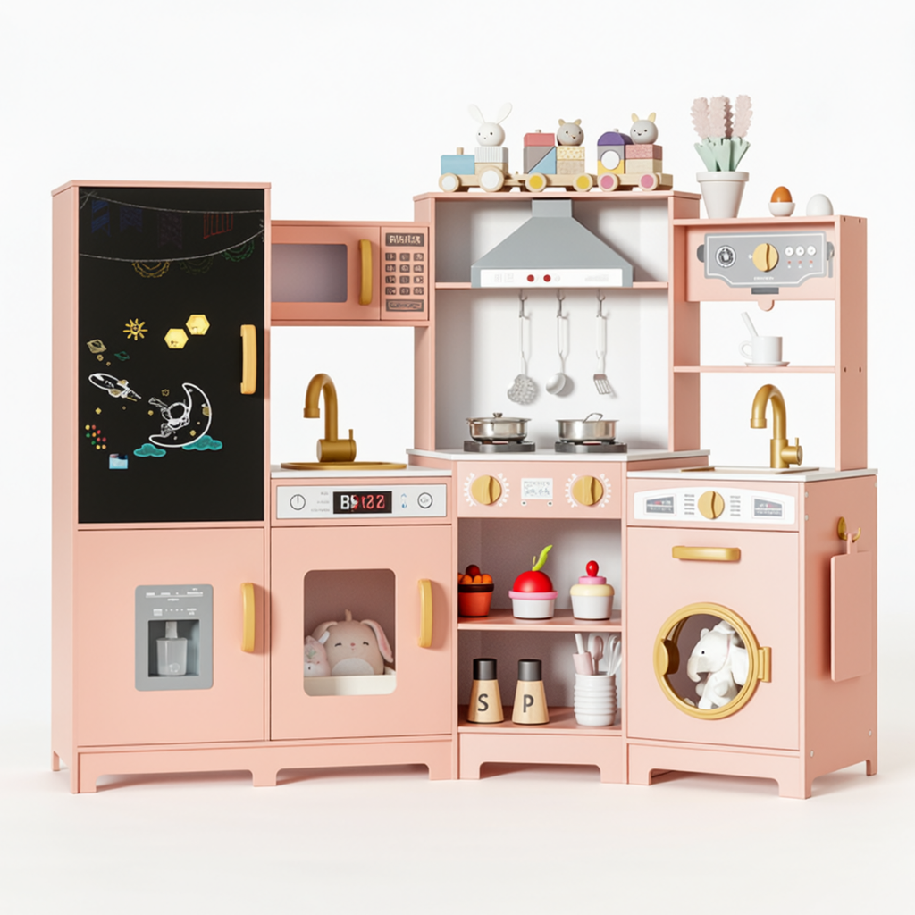 TLSUNNY Toddler Wooden Play Kitchen, with Chalk Board, Washer Dryer, Stove Sound & Range Hood, Cookware for Kids Ages 3+