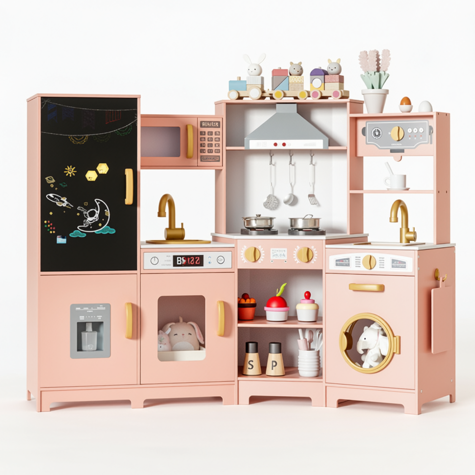 TLSUNNY Toddler Wooden Play Kitchen, with Chalk Board, Washer Dryer, Stove Sound & Range Hood, Cookware for Kids Ages 3+