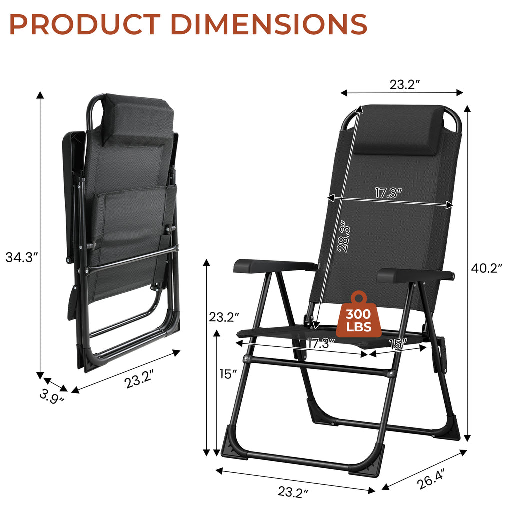 TLSUNNY Folding Patio Chairs Set of 2, Outdoor Portable Recliner W/ Adjustable Back, Removable Headrest, Armrest, Foot Pad, for Camping/Garden/Pool