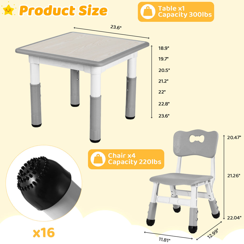 TLSUNNY Kids Table & 4 Chairs Set, Height Adjustable Children Activity Table Set for Ages 2-10, Gray