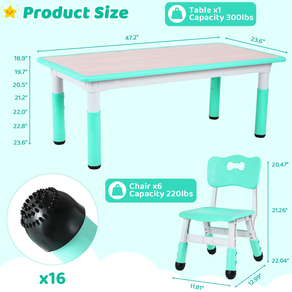 TLSUNNY Kids Table and 6 Chairs Set, Height Adjustable, Preschool Activity Table with Graffiti Top for Daycare Classroom, Ages 3-12