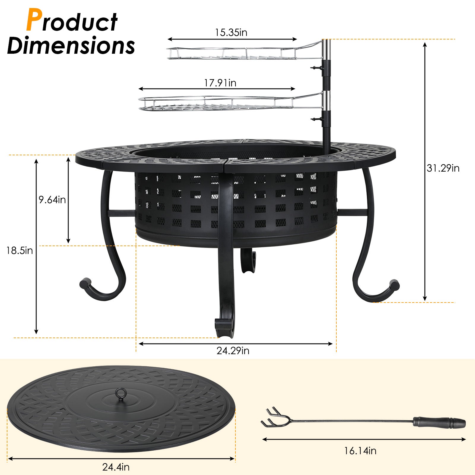 TLSUNNY 37" Outdoor Round Fire Pit & BBQ Grills, Wood Burning Fire Pit, w/ Swivel Cooking Grates, Lid and Fire Poker for Garden & Camping