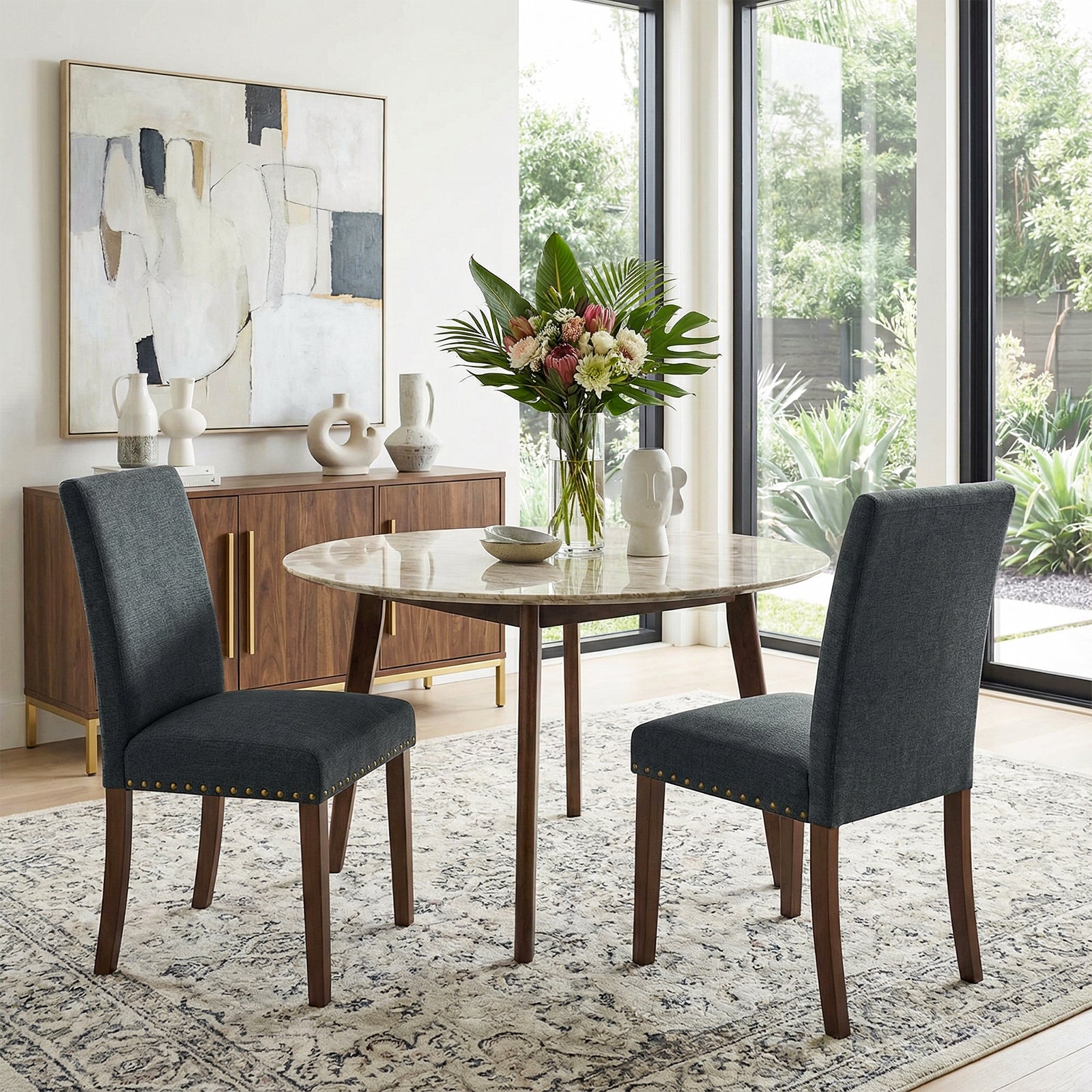TLSUNNY Upholstered Dining Chairs Set of 2/4, Tufted Parsons Design with Nail Head Trim, Solid Wood Legs and Padded Seat, Comfortable Fabric for Dining Room, Kitchen