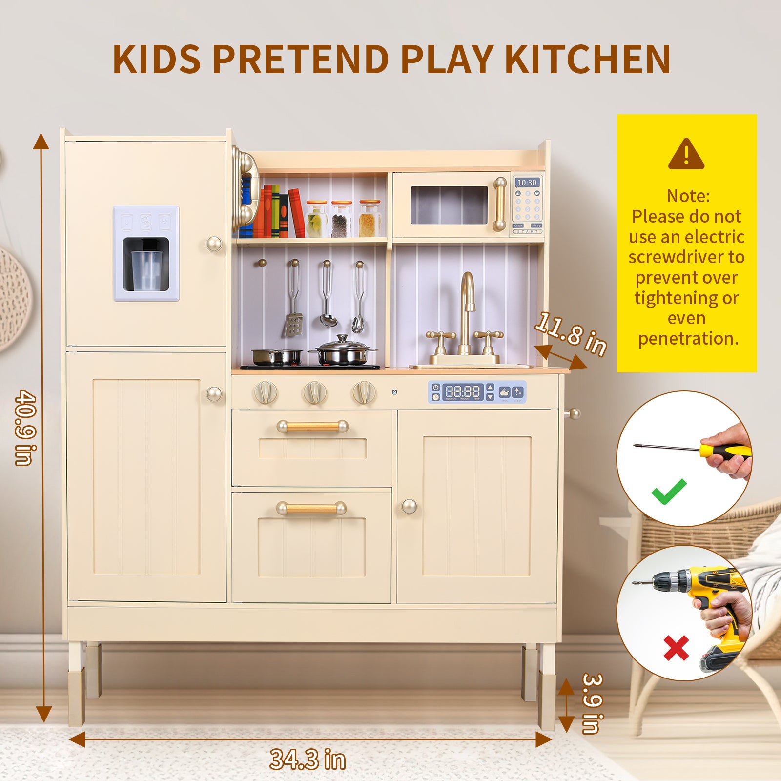 TLSUNNY Kids Play Kitchen, Wooden Kitchen Playset w/ Realistic Light & Sound and Cooking Accessories