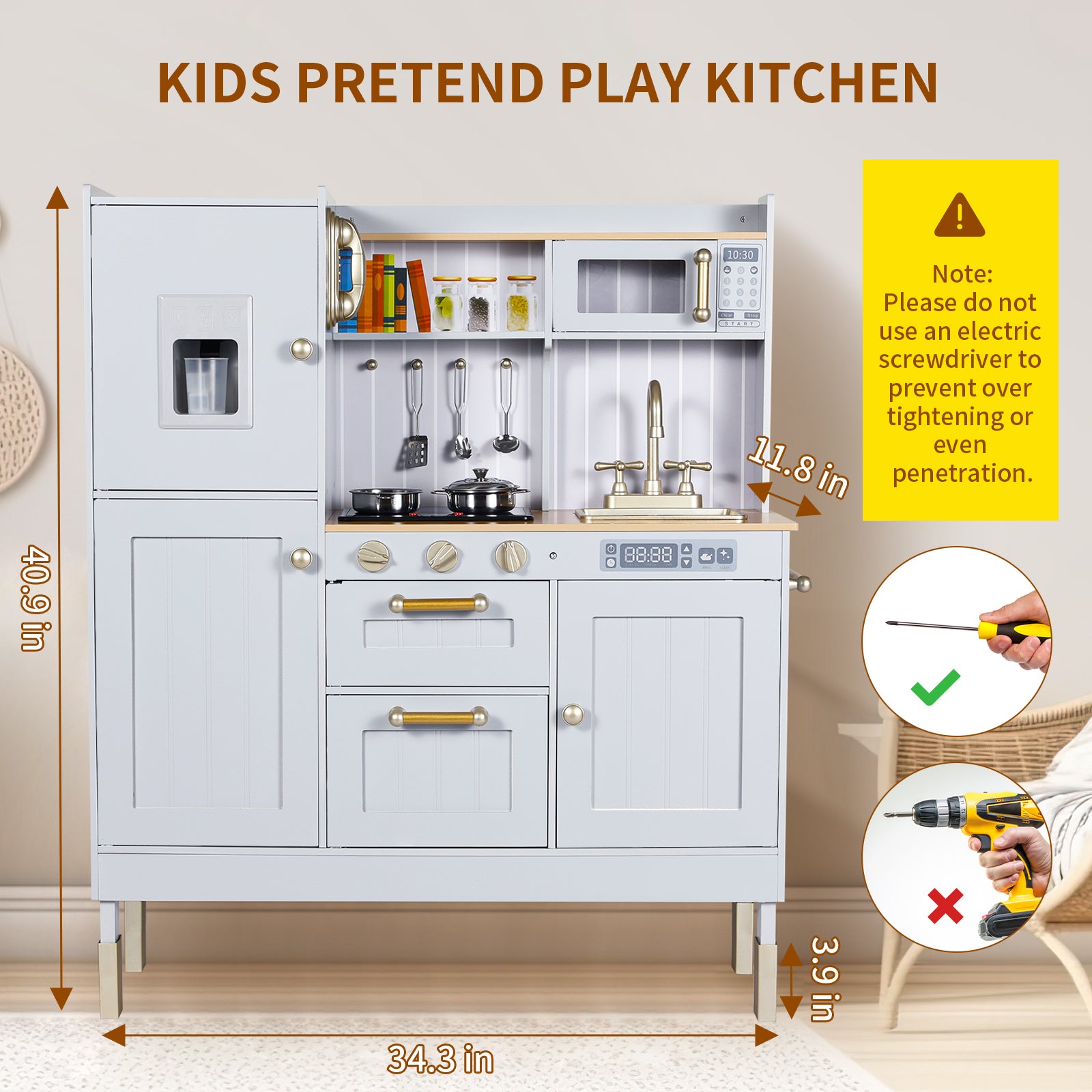 TLSUNNY Kids Play Kitchen, Wooden Kitchen Playset w/ Realistic Light & Sound and Cooking Accessories