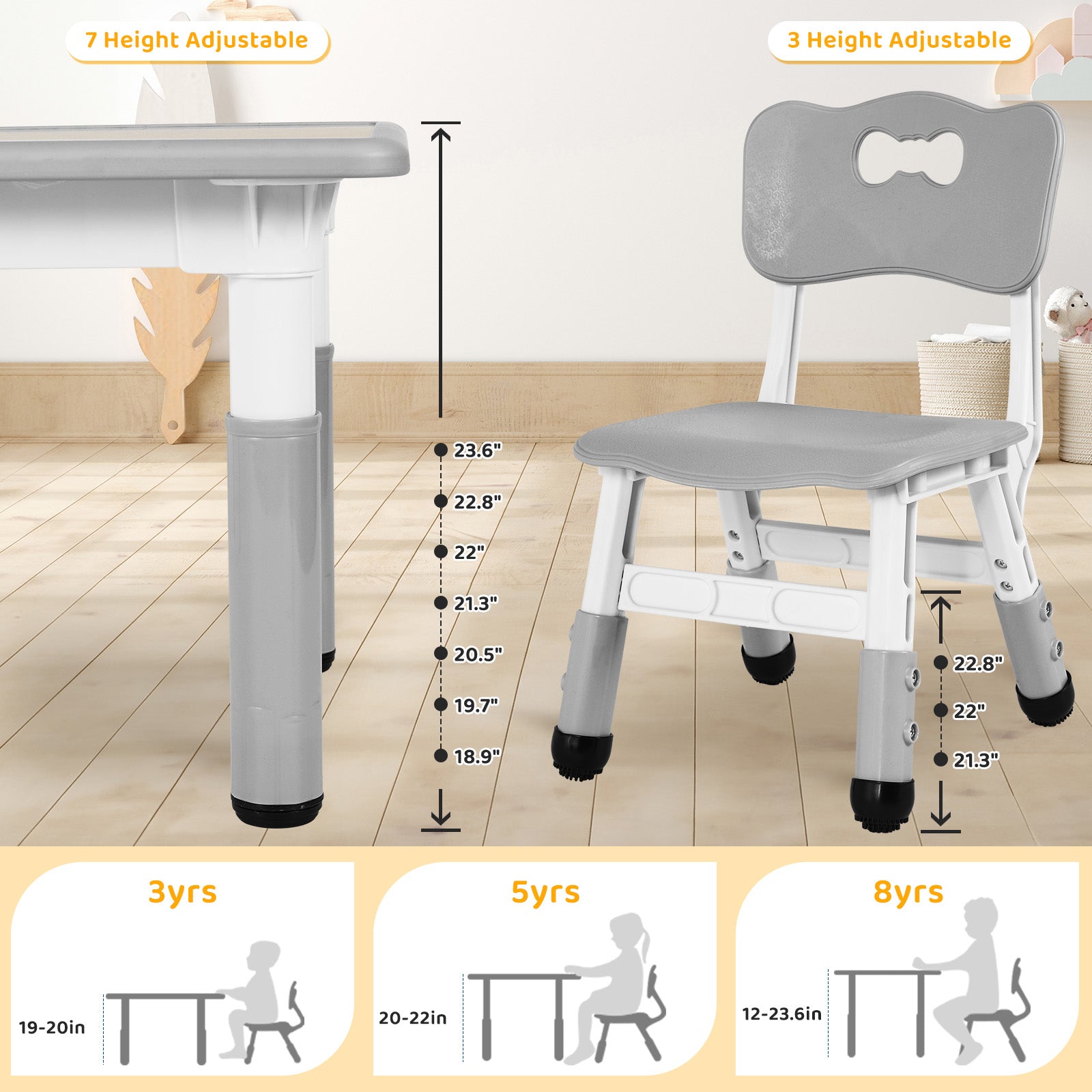 TLSUNNY Kids Table & 4 Chairs Set, Height Adjustable Children Activity Table Set for Ages 2-10, Gray