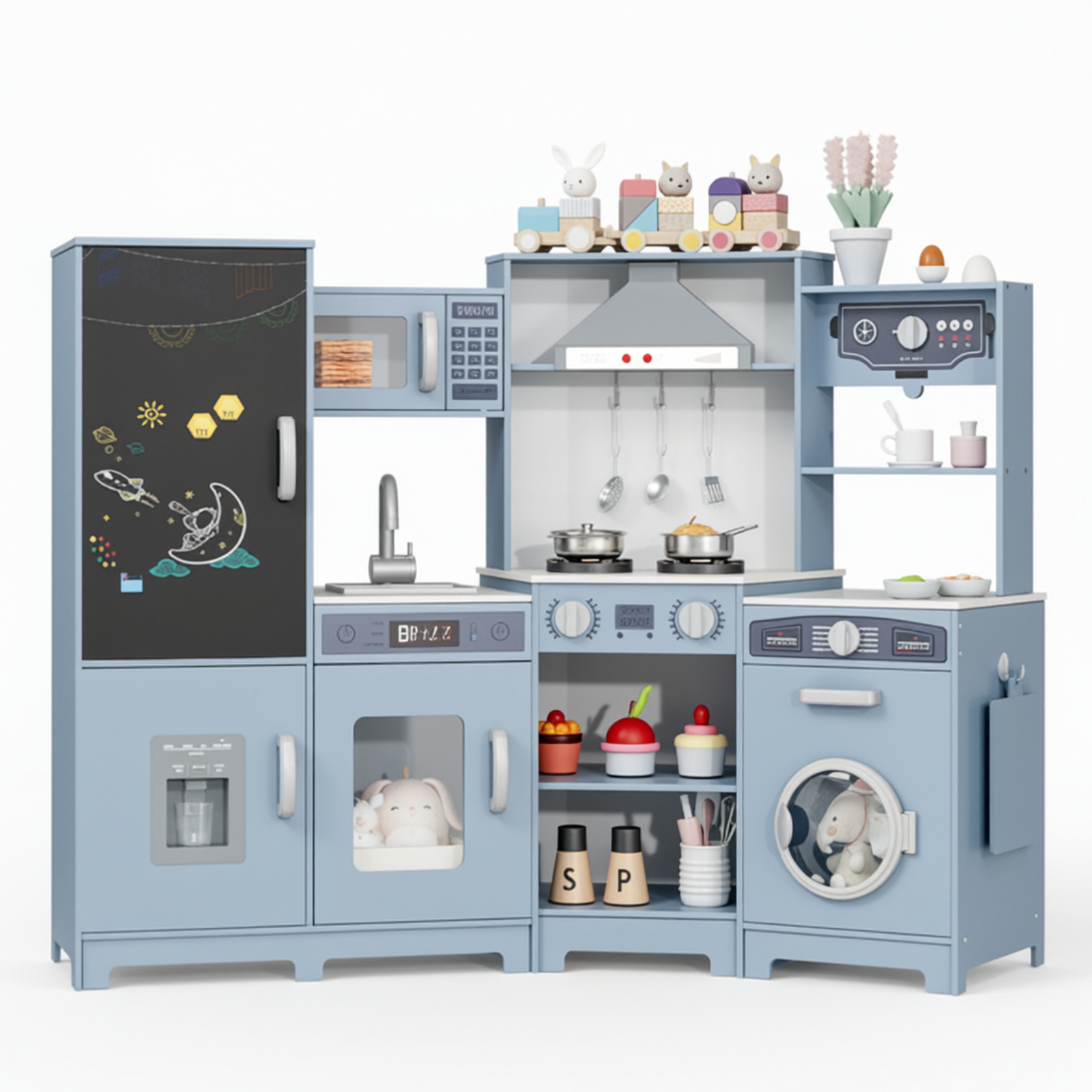 TLSUNNY Toddler Wooden Play Kitchen, with Chalk Board, Washer Dryer, Stove Sound & Range Hood, Cookware for Kids Ages 3+