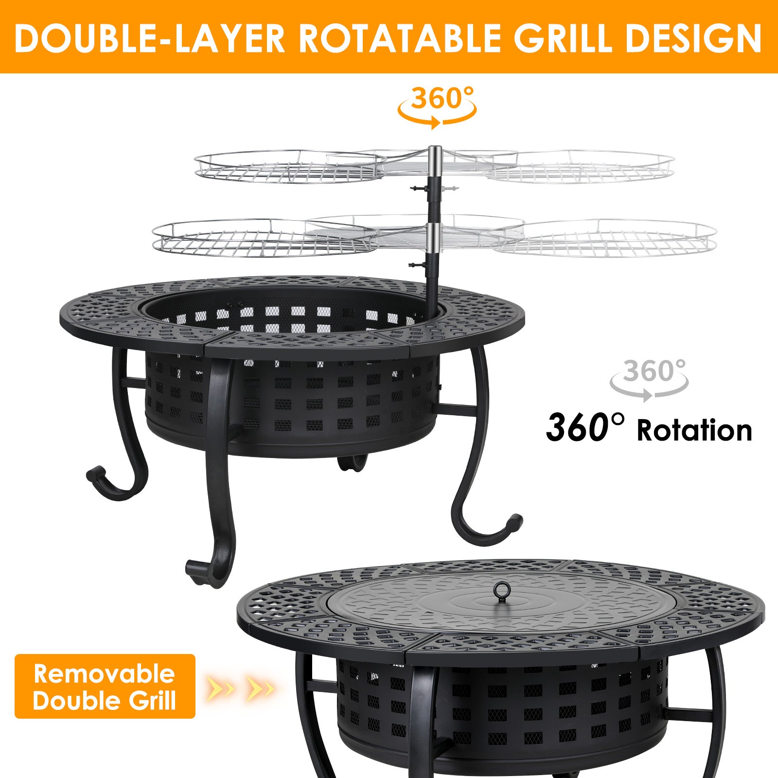 TLSUNNY 37" Outdoor Round Fire Pit & BBQ Grills, Wood Burning Fire Pit, w/ Swivel Cooking Grates, Lid and Fire Poker for Garden & Camping