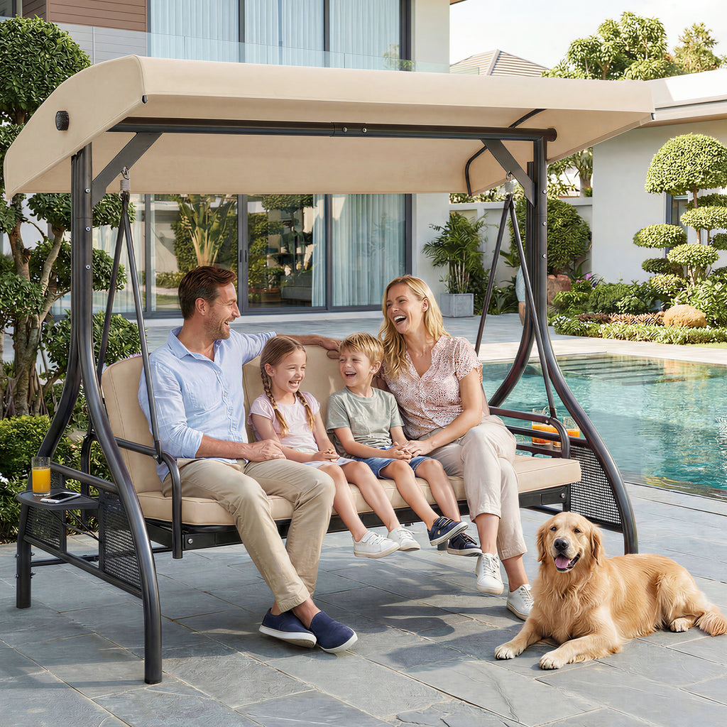 TLSUNNY Canopy Swing Chair Set, 3-Seat Outdoor Swing Chair with Stand & Removable Seat Cushion, for Patio, Backyard, Balcony Relaxation, Supports 750LBS