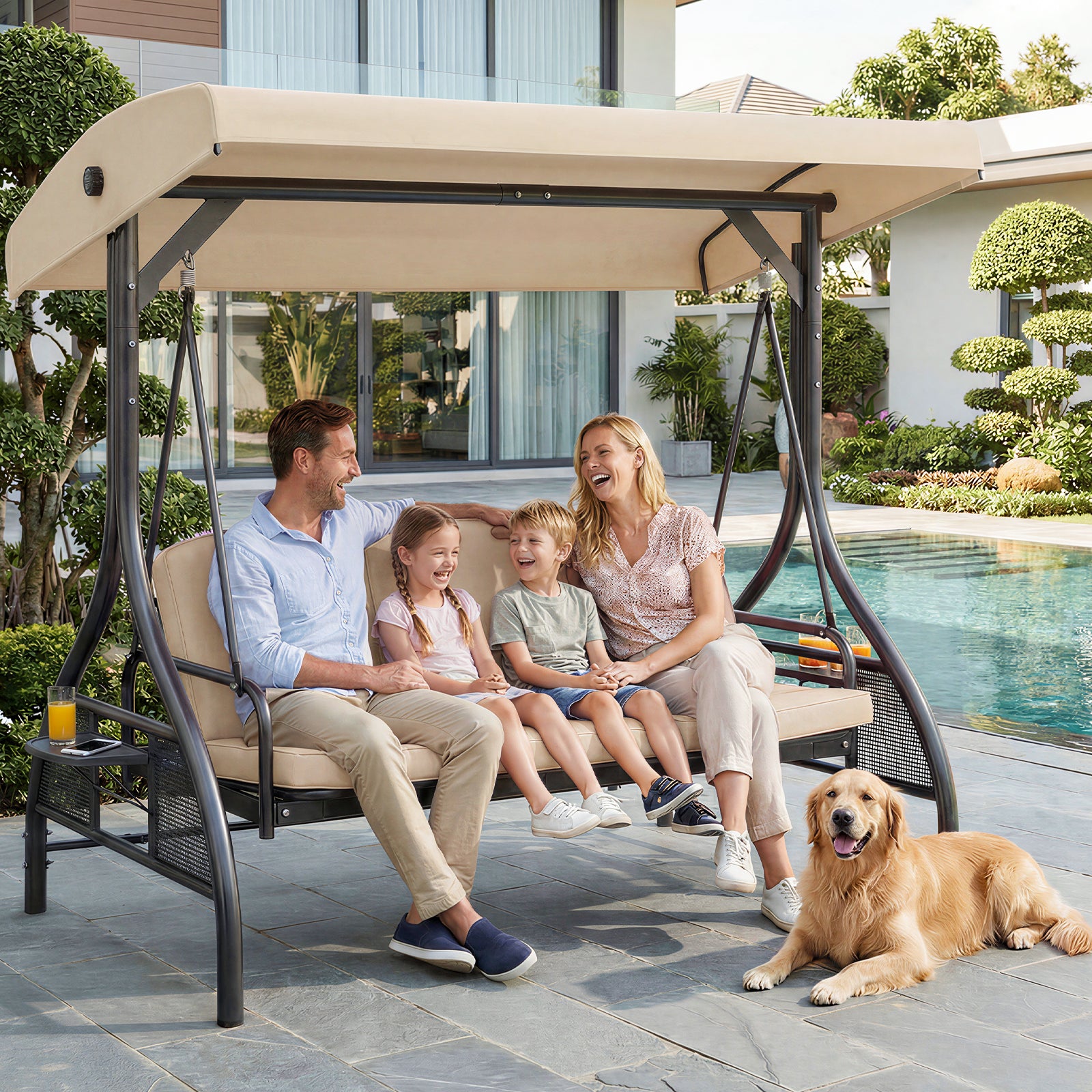 TLSUNNY Canopy Swing Chair Set, 3-Seat Outdoor Swing Chair with Stand & Removable Seat Cushion, for Patio, Backyard, Balcony Relaxation, Supports 750LBS