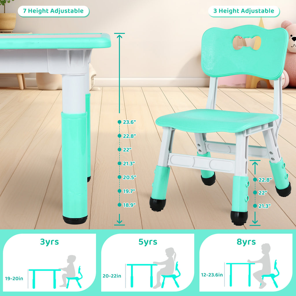 TLSUNNY Kids Table and 6 Chairs Set, Height Adjustable, Preschool Activity Table with Graffiti Top for Daycare Classroom, Ages 3-12