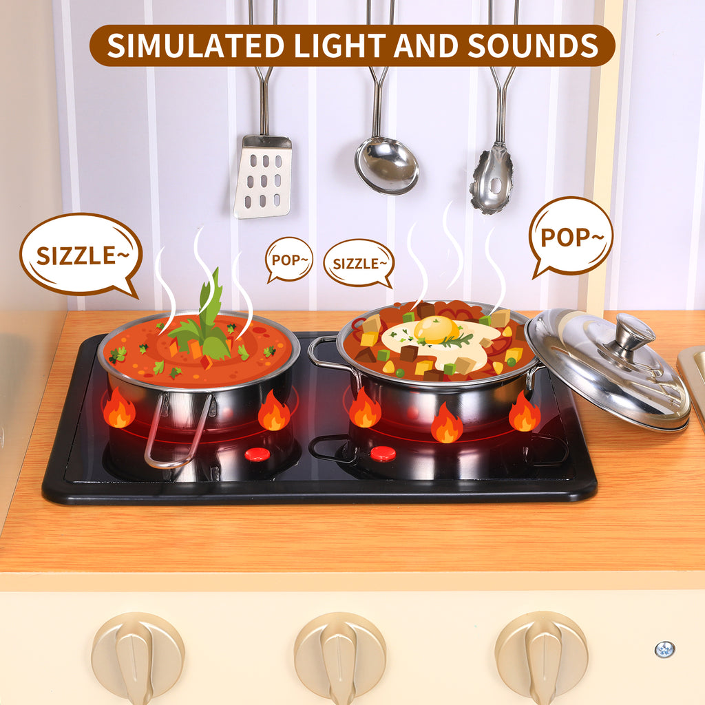 TLSUNNY Kids Play Kitchen, Wooden Kitchen Playset w/ Realistic Light & Sound and Cooking Accessories