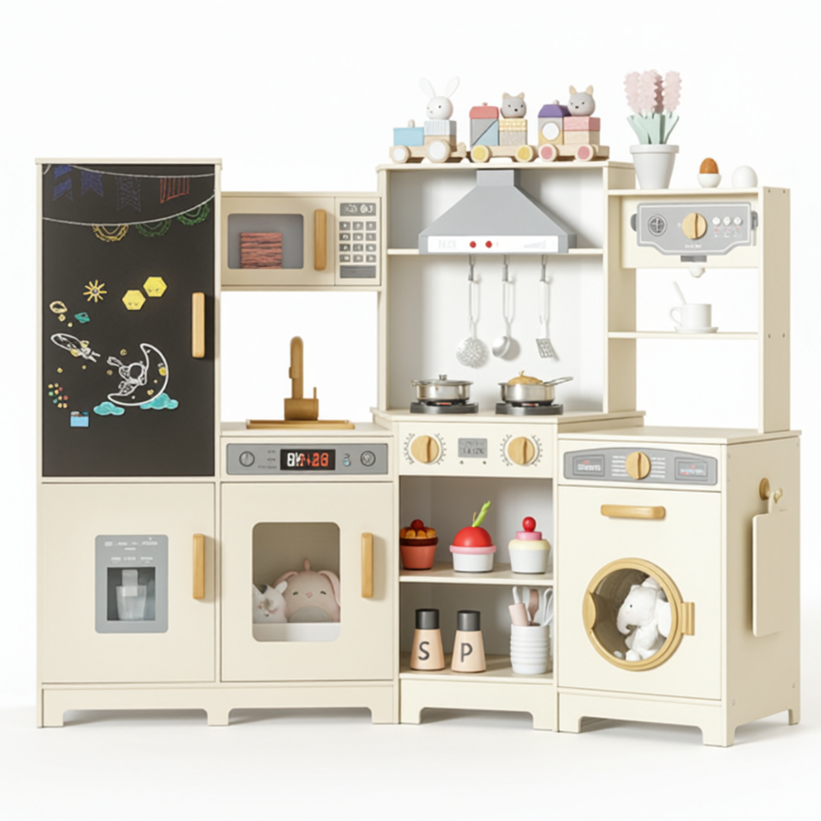 TLSUNNY Toddler Wooden Play Kitchen, with Chalk Board, Washer Dryer, Stove Sound & Range Hood, Cookware for Kids Ages 3+