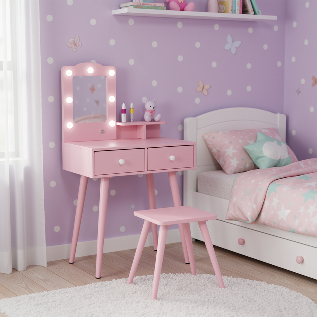 TLSUNNY Toddler Princess Vanity Set with Lights, Wooden Makeup Table and Chair with Mirror and 2 Storage Drawers, Gift for Little Girls