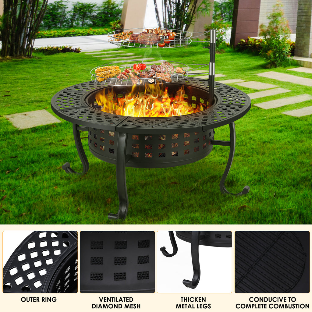 TLSUNNY 37" Outdoor Round Fire Pit & BBQ Grills, Wood Burning Fire Pit, w/ Swivel Cooking Grates, Lid and Fire Poker for Garden & Camping