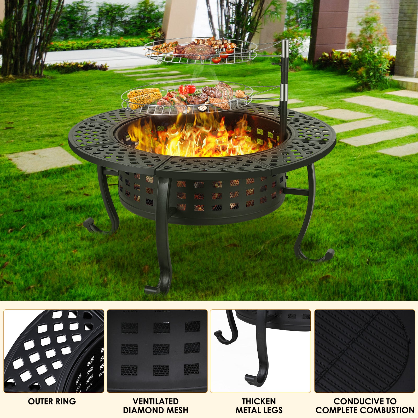 TLSUNNY 37" Outdoor Round Fire Pit & BBQ Grills, Wood Burning Fire Pit, w/ Swivel Cooking Grates, Lid and Fire Poker for Garden & Camping