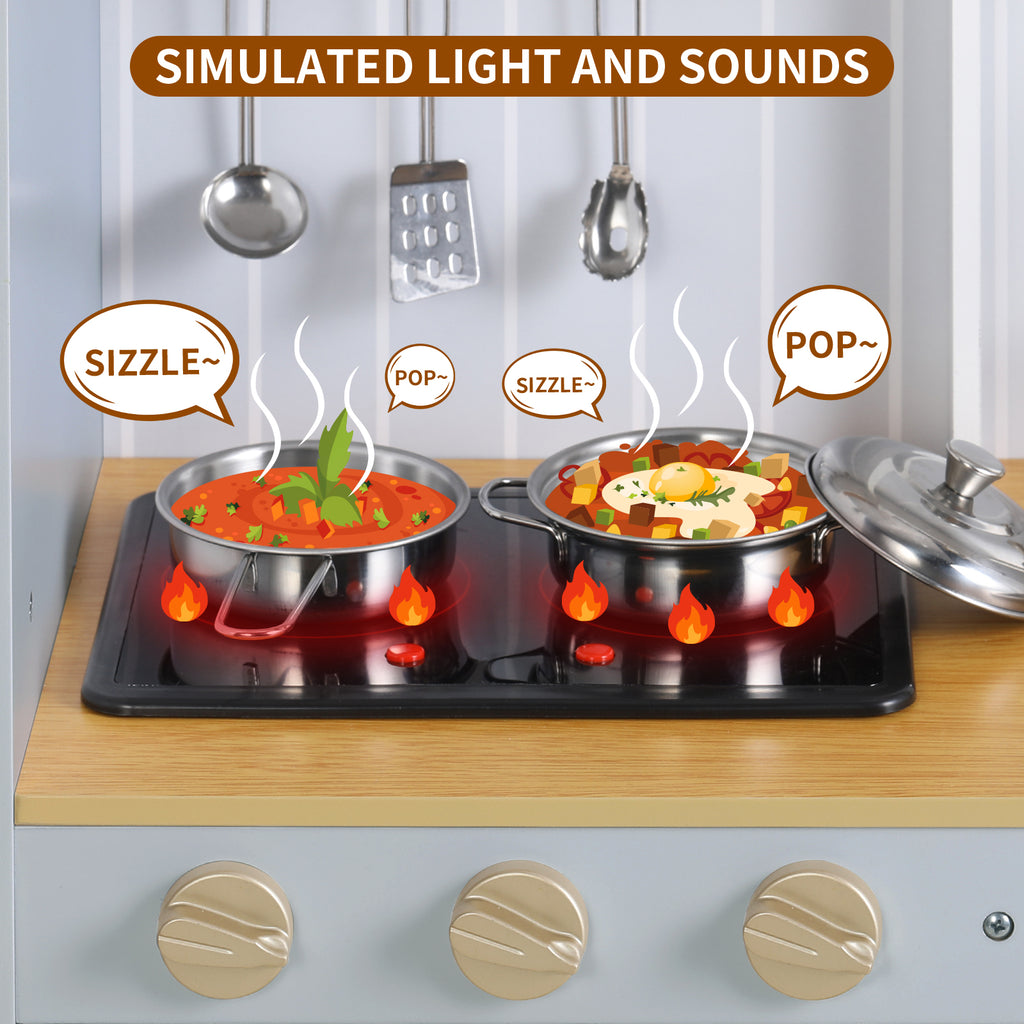TLSUNNY Kids Play Kitchen, Wooden Kitchen Playset w/ Realistic Light & Sound and Cooking Accessories