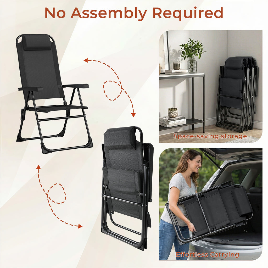TLSUNNY Folding Patio Chairs Set of 2, Outdoor Portable Recliner W/ Adjustable Back, Removable Headrest, Armrest, Foot Pad, for Camping/Garden/Pool