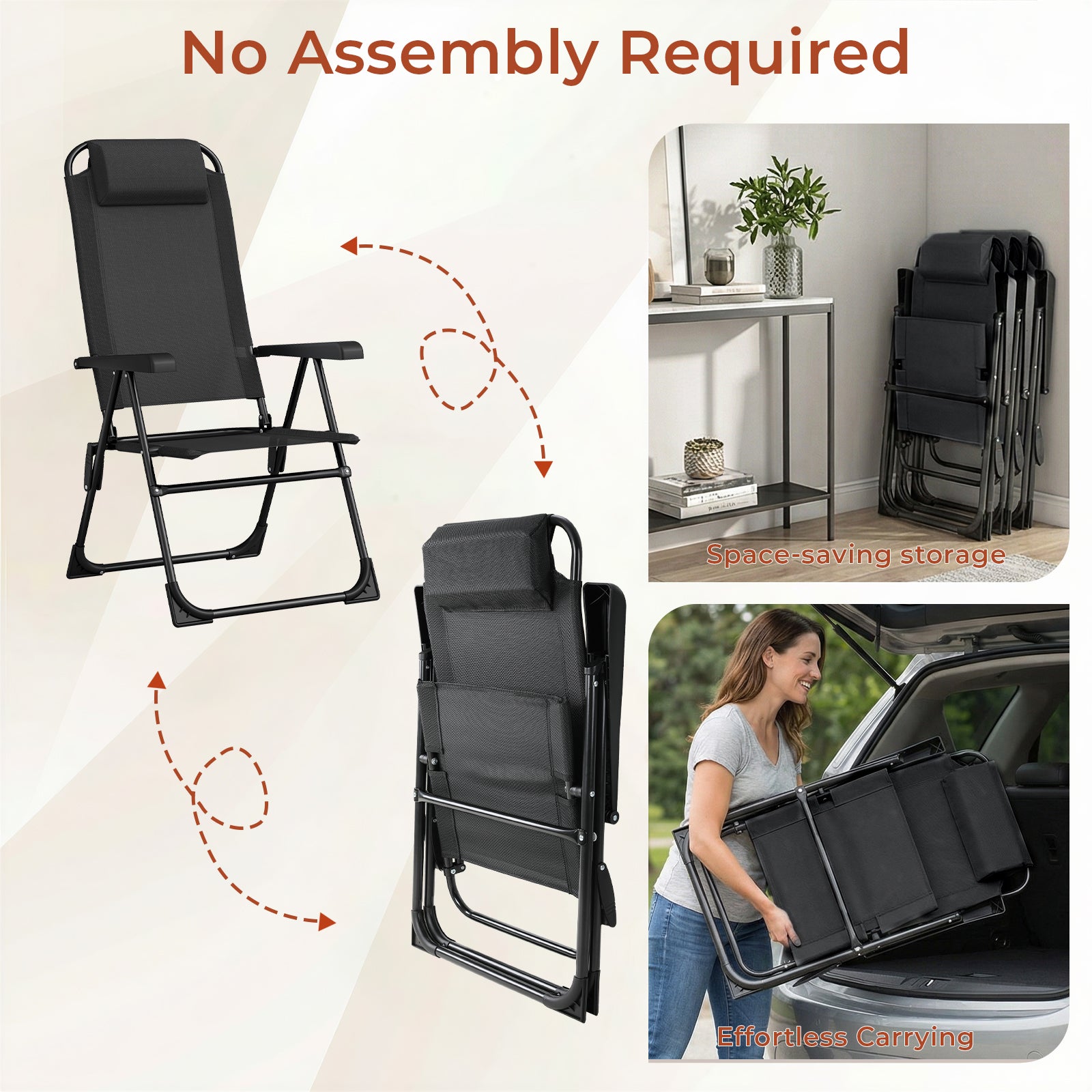 TLSUNNY Folding Patio Chairs Set of 2, Outdoor Portable Recliner W/ Adjustable Back, Removable Headrest, Armrest, Foot Pad, for Camping/Garden/Pool