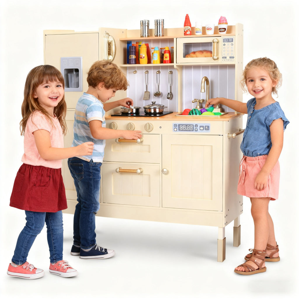 TLSUNNY Kids Play Kitchen, Wooden Kitchen Playset w/ Realistic Light & Sound and Cooking Accessories