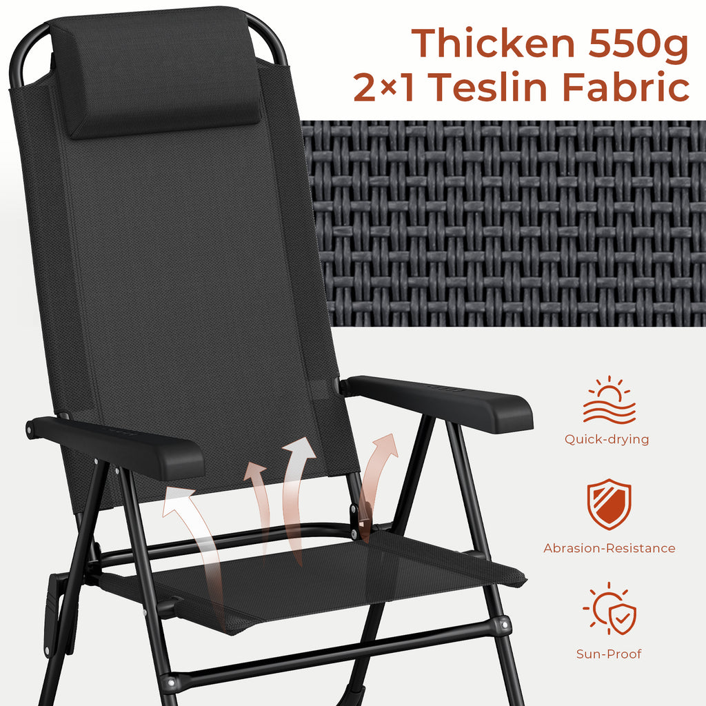 TLSUNNY Folding Patio Chairs Set of 2, Outdoor Portable Recliner W/ Adjustable Back, Removable Headrest, Armrest, Foot Pad, for Camping/Garden/Pool