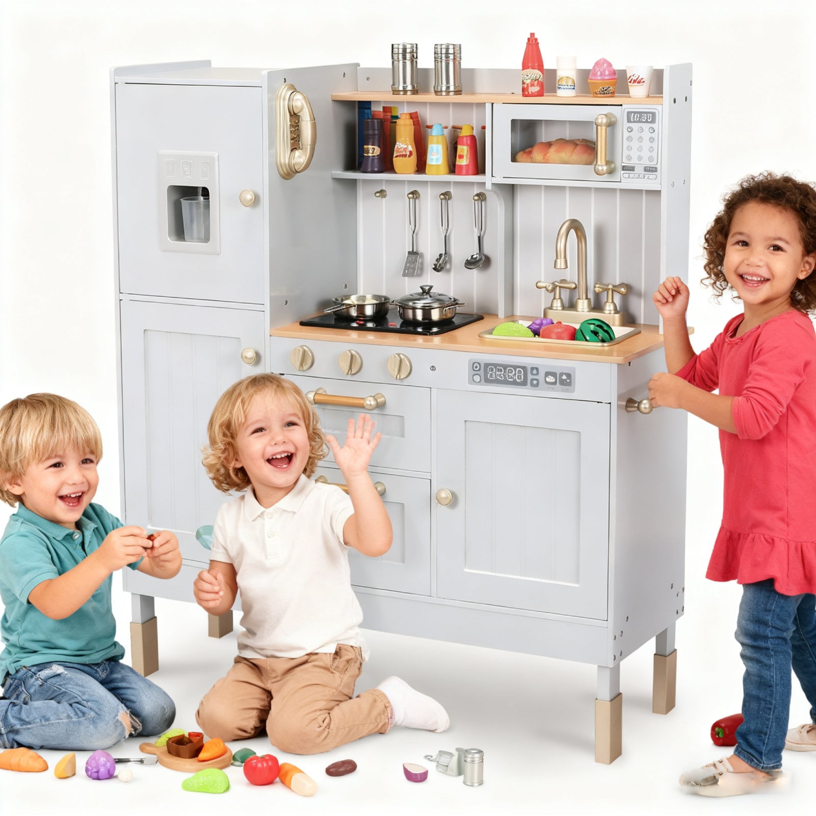 TLSUNNY Kids Play Kitchen, Wooden Kitchen Playset w/ Realistic Light & Sound and Cooking Accessories