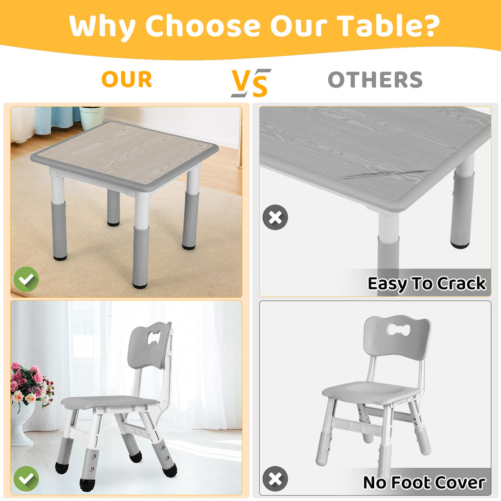 TLSUNNY Kids Table & 4 Chairs Set, Height Adjustable Children Activity Table Set for Ages 2-10, Gray
